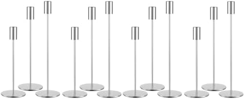 Set of 12 Silver Taper Candle Holders, Tall Candle Holder, Metal Silver Candlestick Holders, Fits 3/4 inch Thick Candle&Led Candles, for Table Centerpiece, Wedding, Dinning, Party Home Decor by AUMAYCO
