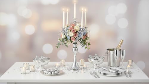 2 Pcs 20.3'' Tall 5 Arm Silver Candelabra Centerpiece for Table, Metal Crdystal Candle Holder, Retro Candlestick Table Centerpieces for Party, Events, Home, Wedding Decor (2, Silver) - Image 5