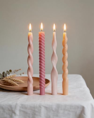 10 Inch Pink Taper Candles-Spiral Tapered Candle Unscented Smokeless Candlestick Long Slow Burning 8 Hours Tall Sticks for Christmas Wedding Dinner Parties-4Pack by MAITREYA