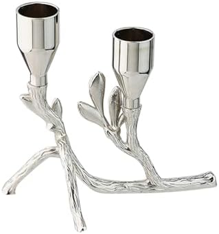 Modern Silver Tealight Tree Branch-Inspired Dual Metal Leaf Candle Holder 5.12"x4.57" Alloy Steel candlesticks Taper for Tables top Centerpiece Home Decor (Silvery) by QINGSHAN