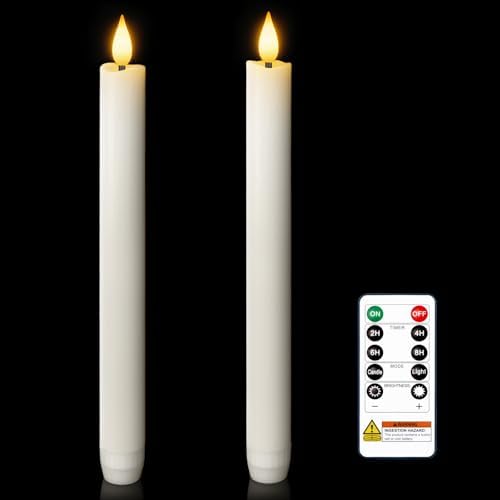 Homemory 2 Pcs White Flameless Taper Candles with Remote and Timer, Real Wax Made 9.6" Battery Operated Candle Stick Flickering, Led Taper Candles with Lifelike Flame for Indoor Home Decor by Homemory