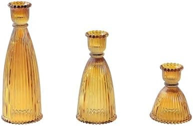 Vertical Stripe Candlestick Holders Set of 3, Premium Glass Candle Holders for Candlesticks and Taper Candles, Vintage Candle Holder Decor for Table Centerpiece, Amber - Image 2