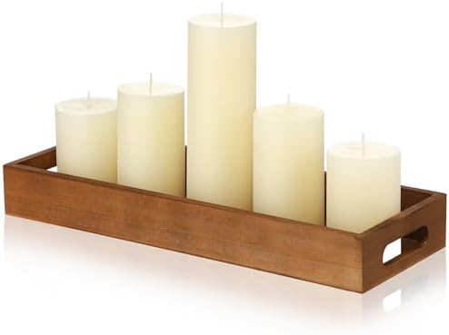 Shihanee Ivory White Pillar Candles and Long Narrow Wooden Candle Tray Set 5 Pcs Dripless Unscented Candles 1 Pcs Rustic Rectangular Centerpiece Candle Holder with Handle for Home Table Dining Kitchen - Image 2