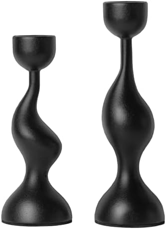 Smtyle Modern Sculptural Black Candle Stick Holders Cast-Aluminum Taper Set of 2 (7″ & 8″) Dual-Height Candlesticks for Dining Table Wedding or Home Decor by smtyle