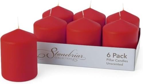 Stonebriar Unscented Pillar Candles – 35 Hour Burn Time, Long-Lasting Wax Candles for Weddings, Holidays, Home Décor & Special Events, Pack of 6, Red, 3" x 4" by StonebriarCollection