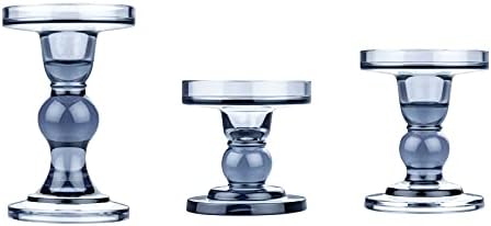 KiaoTime Set of 3 Glass Pillar Candle Holder Candlestick Taper Candle Set Crystal Blue Candlesticks Holder for Home Fireplace Table Bath Wedding Decoration - Image 3