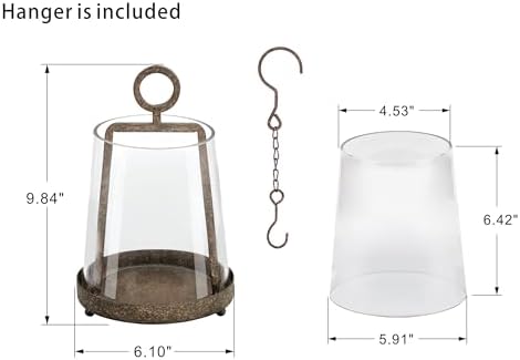 6" Modern Farmhouse Metal Hurricane Candle Holder with Handmade Sturdy Glass Sleeve in Rustic Brown for Pillar Candle & Plants, Glass Hurricane Lantern, Industrial, Minimalistic - Image 2