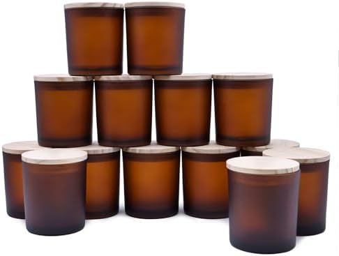 SHOWIN 8 OZ Thick Candle Jars for Making Candles 15 Pcs, Empty Amber Jars with Wood Lids for Candle Making, Sample Container, Frosted Brown by Showin