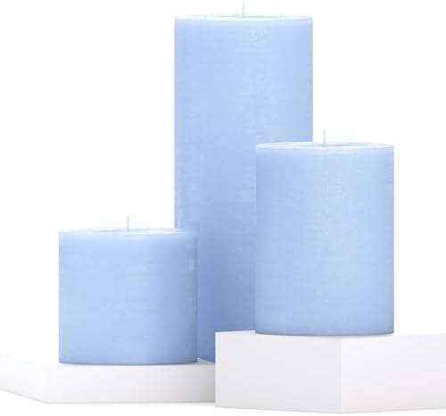 CANDWAX Assorted Pillar Candles Set of 3 – Sizes 3", 4", 8" Unscented Dripless Large Candles, Rustic Finish Long Burning for Weddings, Home Decor – Light Blue by CANDWAX