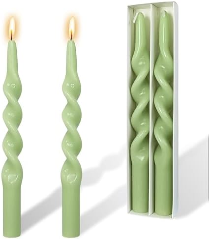 Smokeless Spiral Taper Candles 10 Inch Green Twisted Candlesticks Handmade Long Dinner Candles for Home Decor Wedding Party by YUKCAXDLS