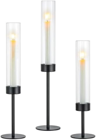 Hewory Black Taper Candle Holders: Candlestick Holders Set of 3 Hurricane Glass Tall Candle Holder for Candlesticks Candle Sticks Holder Decor for Table Centerpiece Wedding Party Christmas Decorations by Hewory