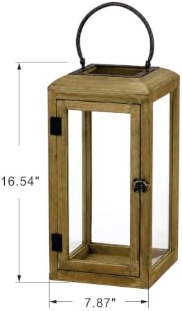 16" High Wooden Lantern Made of Solid Firwood in Distressed Natural with Metal Handle,Hurricane Lantern, Farmhouse Lantern for Party, Deck, Front Porch - Image 2
