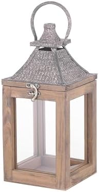 12" High Farmhouse Decorative Lantern, Glass and Metal, Distressed Brown Wood Finish, Rustic Brown Metal Top, Indoor Outdoor Candle Holders (Rustic Brown, 5"x5") by Unknown