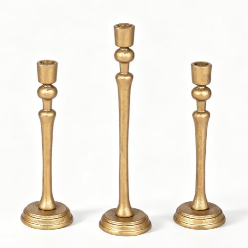 Gold Candlestick Holders,Antique Brass Iron Taper Candle Holder Set of 3 by Wenbery