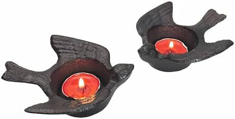 Small Cast Iron Candle Holder, Set of 2, Small Handmade Vintage Tea Light Candlestick Holders, Rustic Candle Holder, Farmhouse Candle Stand for Fireplace Shelf Home Decor (Bird Pattern) by SECHUDO