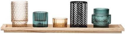 Bloomingville 5-Piece Embossed Glass and Metal Tealight Candle Holders in a Wood Tray, Multicolor - Image 4
