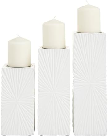 CosmoLiving by Cosmopolitan Wood Geometric Carved Pillar Candle Holder, Set of 3 12", 10", 8"H, White - Image 3