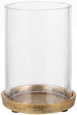 5" Wide Glass Hurricane Candle Holder with Cast Iron Base in Antique Gold for Pillar, Thick and Sturdy Glass Cylinder, Farmhouse, Shabby Chic for Mantels, Tabletops, Centerpieces, Entryways by Unknown
