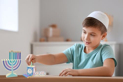 Mini Pastel Hanukkah Menorah, 4-Pack 5" Inch Children Wooden Chanukah Menorah Set with Removable Wooden Candles, 3" Inch Dreidel, and Gelt Coins - Image 4