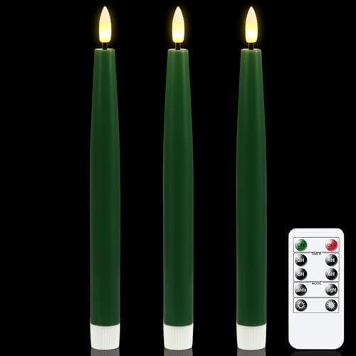 GenSwin Flameless Taper Candles with Remote Timer, Real Wax LED Flickering Candlesticks Battery Operated 3D Wick for Wedding, Party, Home(Christmas Green, 9.84", Set of 3) by GenSwin