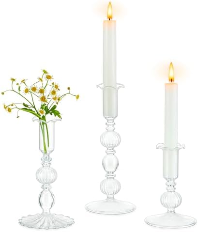 Glasseam 3 Pcs Glass Taper Candlestick Holders with Bobeche for Centerpiece by Glasseam