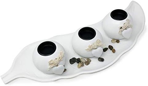 allgala Wooden Candle Holder Tray 3 Ball Orbs Set Tealight Candle Holder Centerpiece with Pebbles on Leaf Tray for Coffee Table Dining Table Accents Bowl for Living Room Décor-White-HD90402 by Allgala