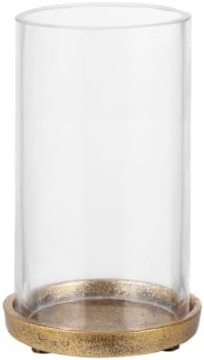 6.5" Wide Glass Hurricane Candle Holder with Cast Iron Base In Antique Gold For Pillar, Thick and Sturdy Glass Cylinder, Farmhouse, Shabby Chic For Mantels, Tabletops, Centerpieces, Entryways, Shelves by Unknown