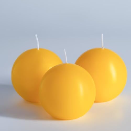 MOZEAL Hand-Poured, 3 Inch Yellow Round Ball Candles - Elegant Yellow Round Pillar Candles Set of 3, Dripless, Unscented, Smokeless, Ideal for Spring and Summer Parties. by MOZEAL