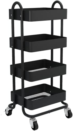 4-Tier Metal Rolling Cart with Wheels,4 Tier Utility Cart with Wheels for Office,Home,Kitchen,Garden（13.4"x18.1"x40"） Black
