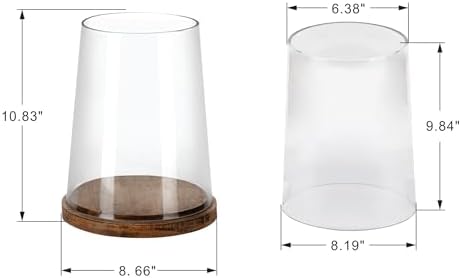 8" Wide Glass Hurricane Candle Holders with Handmade Sturdy Glass Sleeves and Vintage Natural Wood Base for Pillar Candle & Plants, Industrial, Farmhouse, Display Cloche Bell Jars, Table Centerpiece - Image 2