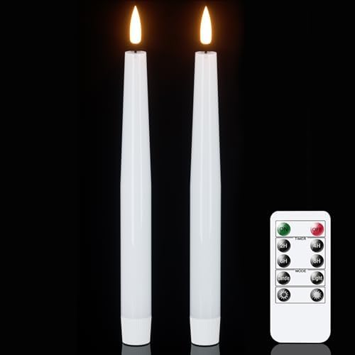 GenSwin Flameless Taper Candles, LED Taper Candles Battery Operated with Remote Timer, Set of 2 Real Wax White Flameless Candlesticks with 3D Flame for Home Weddin Party Holiday Decor (0.78” x 9.84”) by GenSwin