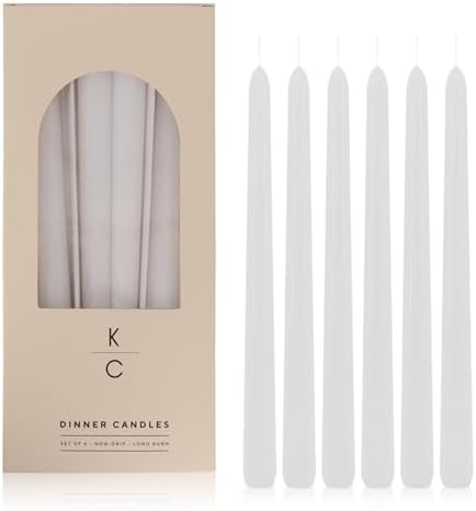 Tapered Dinner Candles, Pack of 6 – Soy & Paraffin Wax Blend, 10-Inch Dripless Taper Candles with 7-Hr. Clean Burn – Smokeless Unscented Tapers for Weddings, Dinner Tables & Home Decor – White by K%7CCKandleCo