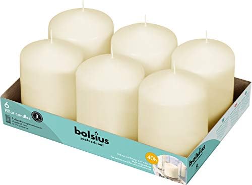 BOLSIUS 6 Ivory Pillar Candles Bulk - 3x4 Inches Candle Set - 40+ Hours Clean Burning - No Palm Oil - 0% Animal Fat - Premium European Quality - Unscented Dripless Restaurant Pillars by BOLSIUS