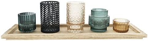 Bloomingville 5-Piece Embossed Glass and Metal Tealight Candle Holders in a Wood Tray, Multicolor by Bloomingville