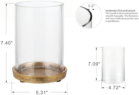 5" Wide Glass Hurricane Candle Holder with Cast Iron Base in Antique Gold for Pillar, Thick and Sturdy Glass Cylinder, Farmhouse, Shabby Chic for Mantels, Tabletops, Centerpieces, Entryways - Image 2