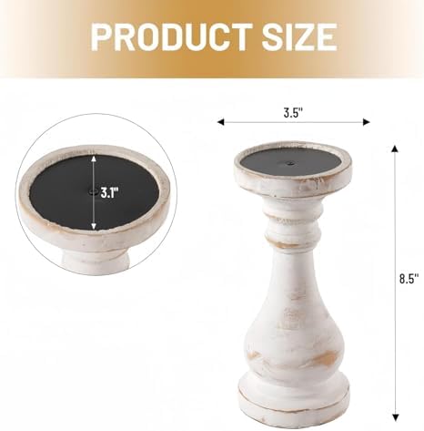 CedarLux Rustic Pillar Candle Holder, 8.5 Inch Tall White Wooden Candlestick Holders, Farmhouse Candle Stands for Pillar Candle, Decorative Wood Candlestick Holders for Living Room, Table Centerpiece - Image 2