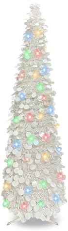 Pop Up Christmas Tree, 5FT Collapsible Artificial Christmas Tree with 90 LED Lights, Tinsel Small Pencil Christmas Tree for Home Holiday Fireplace Party Indoor Outdoor Xmas Decorations (White) by BTU