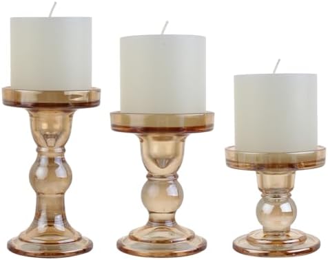 3-Piece Set of Amber Glass Candlestick, Crystal Candlestick Holder Holder and Conical Candle, Christmas Candle Holder Decoration, Family Living Room Wedding Candle Holder (Amber) - Image 2