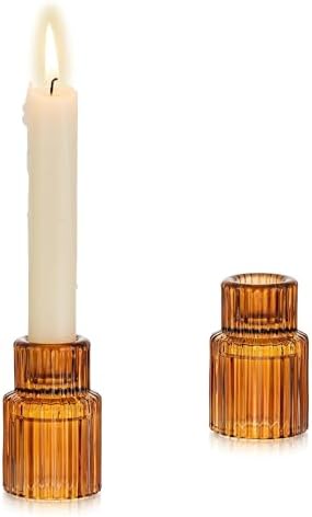 Glasseam Glass Tapered Candlestick Holders, 2 Pcs Amber Fall Table Decor by Glasseam
