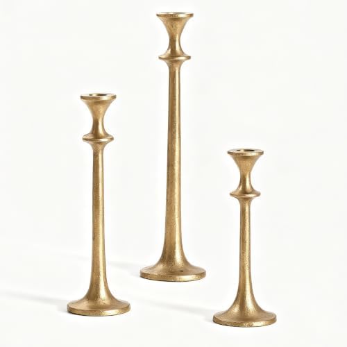Gold Taper Candle Holders Set of 3, Heavy Candlestick Holders Decorative Candle Stand for Table Centerpiece, Cast Iron Candle Stick Holder Decor by Wenbery