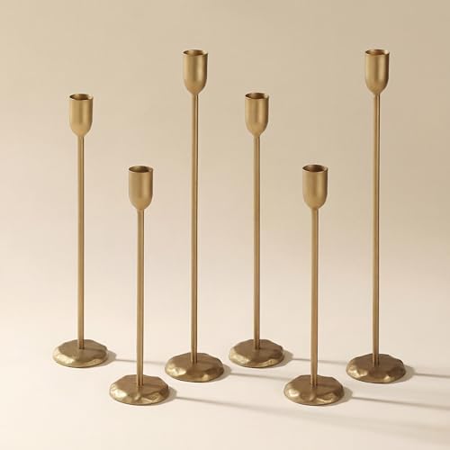Perfnique Brass Candlestick Holders Set of 6 - Antique Gold Iron Candle Holders for Christmas, Birthday, Wedding, Party, Dining Table, Fireplace Mantel Decor (Gold) by PERFNIQUE
