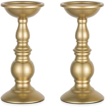NUPTIO Brass Pillar Candle Holders: Gold Tall Stand for 3" Candles (2 x L) by Nuptio