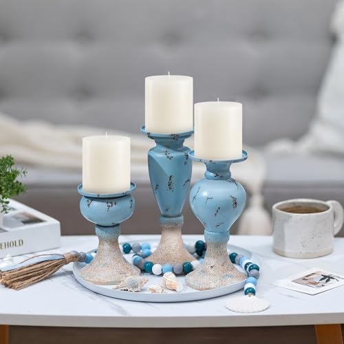Sziqiqi Farmhouse Coastal Candle Holder: Blue Pillar Candle Holder Set of 3 - Image 2