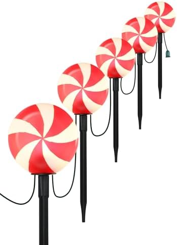 Set of 5 Large Christmas Candy Cane Yard Stakes, Professional-Grade Outdoor Peppermint Decorations with C7 LED Lights, Heavy-Duty Holiday Light Stakes for Walkway, Lawn & Driveway by Unknown
