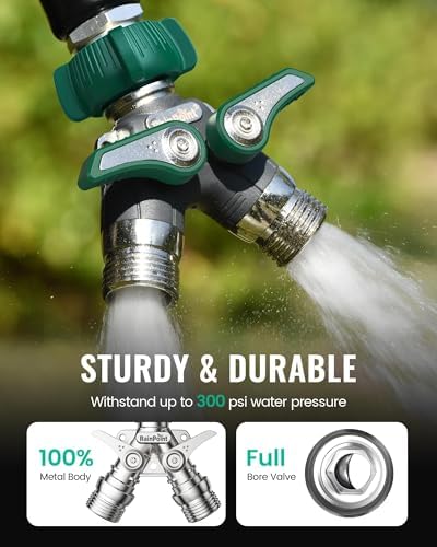 RAINPOINT Garden Hose Splitter, 2 Way Heavy Duty Water Hose Y Spigot Splitter with Shutoff Valves, 100% Metal Body Outdoor Faucet Splitter, 1.9" Extra Long Metal Handle (1, Deep Green) - Image 2