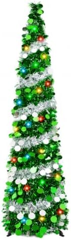 5FT Pop Up Christmas Tree with 90 LED Lights, Collapsible Artificial Pencil Christmas Tree, Tinsel Skinny Christmas Trees for Home Apartment Porch Indoor Outdoor Holiday Decorations by BTU