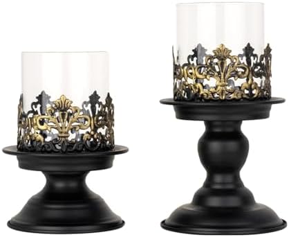 2 PCS Hurricane Candle Holder with Glass Sleeve, Gothic Metal Vintage Candle Holders, Large Table Centerpieces Candle Stand for Weddings and Events, Black, S+L by LumiLoom