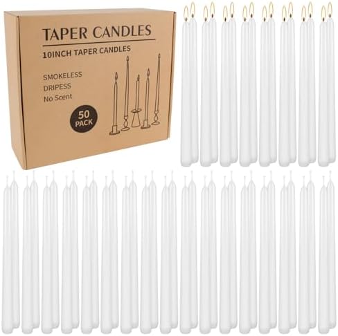 50 Pack White Taper Candles - 10 Inch Classic Unscented Dinner Candles, Dripless Pure White Paraffin Wax with Cotton Wicks, 8-Hour Burn Time for Wedding, Christmas & Formal Dining Decor by HELLY