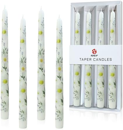 Daisy Printed Taper Candles Smokeless- 4 pcs Handmade White Taper Candle - Dripless Uncented Candle 10 inches Long Flower Printed Tapered Candles for Home Party Wedding Restaurant Holiday Decor by XINAOBAOLUO