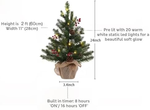 MEETYAMOR 2 FT Mini Christmas Tree, 24" PE Prelit Small Artificial Tabletop Snow Flocked Christmas Trees Decor with 20 Lights Timer, Outdoor Indoor Porch Table Centerpieces Xmas Christmas Decorations - Image 5